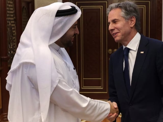 u s secretary of state antony blinken is greeted by qatari minister of state dr mohammed bin abdulaziz al khulaifi in doha qatar august 20 2024 photo reuters